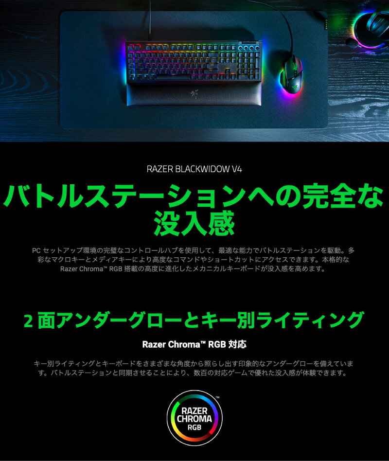 Premium Selection 楽天市場店のRazer BlackWidow V4 JP Green Switch 日本語配列 緑軸 有線 メディアキー/ローラー＆マクロキー搭載 メカニカル ゲーミングキーボード # RZ03-04691400-R3J1 レーザー (キーボード) [4571585647240]｜アングル2