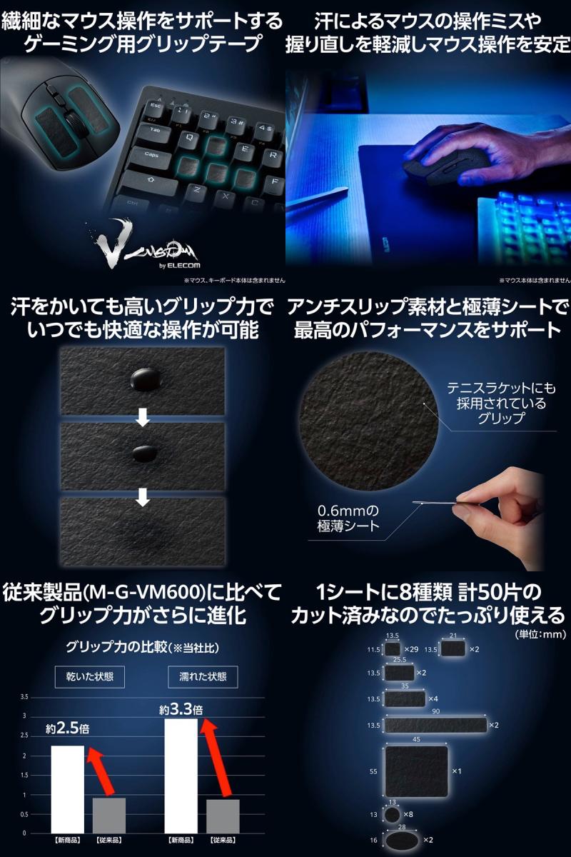 Premium Selection 楽天市場店のエレコム ゲーミングデバイス用グリップテープ V custom 汎用プレカットタイプ ブラック # GWVG600PCBK エレコム (マウスソール・グリップ)｜アングル2