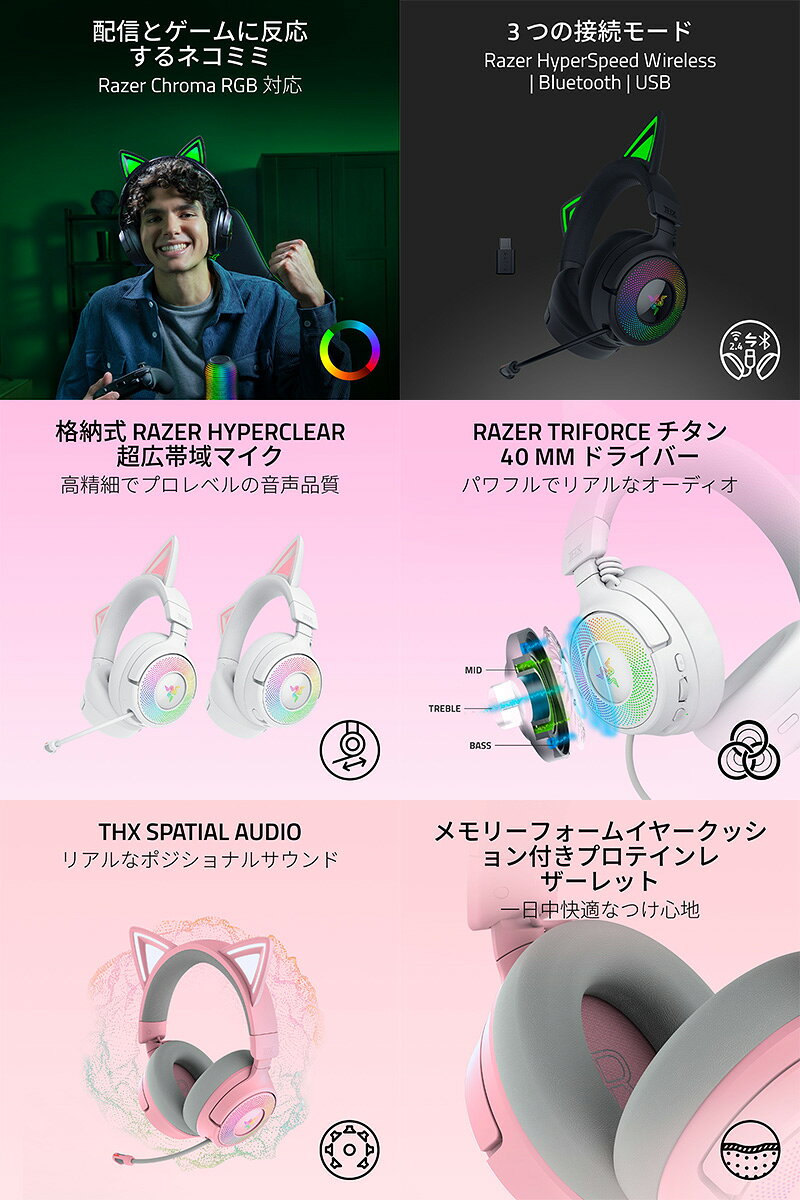 Premium Selection 楽天市場店のRazer Kraken Kitty V3 Pro Bluetooth / 2.4GHz ワイヤレス / 有線 両対応 ゲーミング用 ワイヤレス RGB ネコミミヘッドセット レーザー (ヘッドセット RFワイヤレス) レイザー [4573626730010]｜アングル3