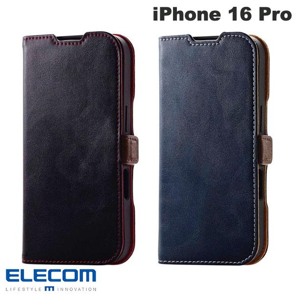 ELECOM iPhone 16 Pro 가죽 케이스 수첩형 내충격 자석 부착 스티치(스마트폰 케이스·커버)