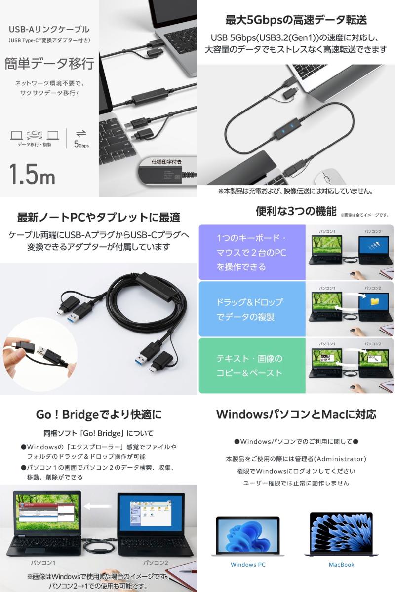 エレコム リンクケーブル USB5Gpbs Windows・Mac対応 USB-A・USB Type-C対応 1.5m ブラック # UC-TV8BK エレコム (ケーブル)