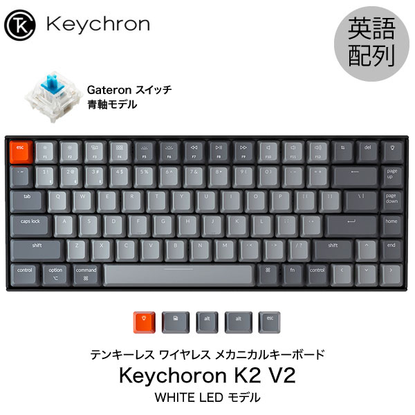 【あす楽】 Keychron K2 V2 Mac英語配列 有線 / Bluetooth 5.1 ワイヤレス 両対応 テンキーレス Gateron 青軸 84キー WHITE LEDライト メカニカルキーボード K2/V2-84-WHT-Blue-US キークロン (Bluetoothキーボード)