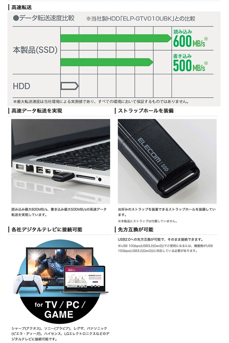 ELECOM エレコム 250GB 外付けポータブルSSD USB3.2(Gen1) 小型USBメモリ型 ホワイト # ESD-EXS0250GWH エレコム (外付けSSD) - Image 2