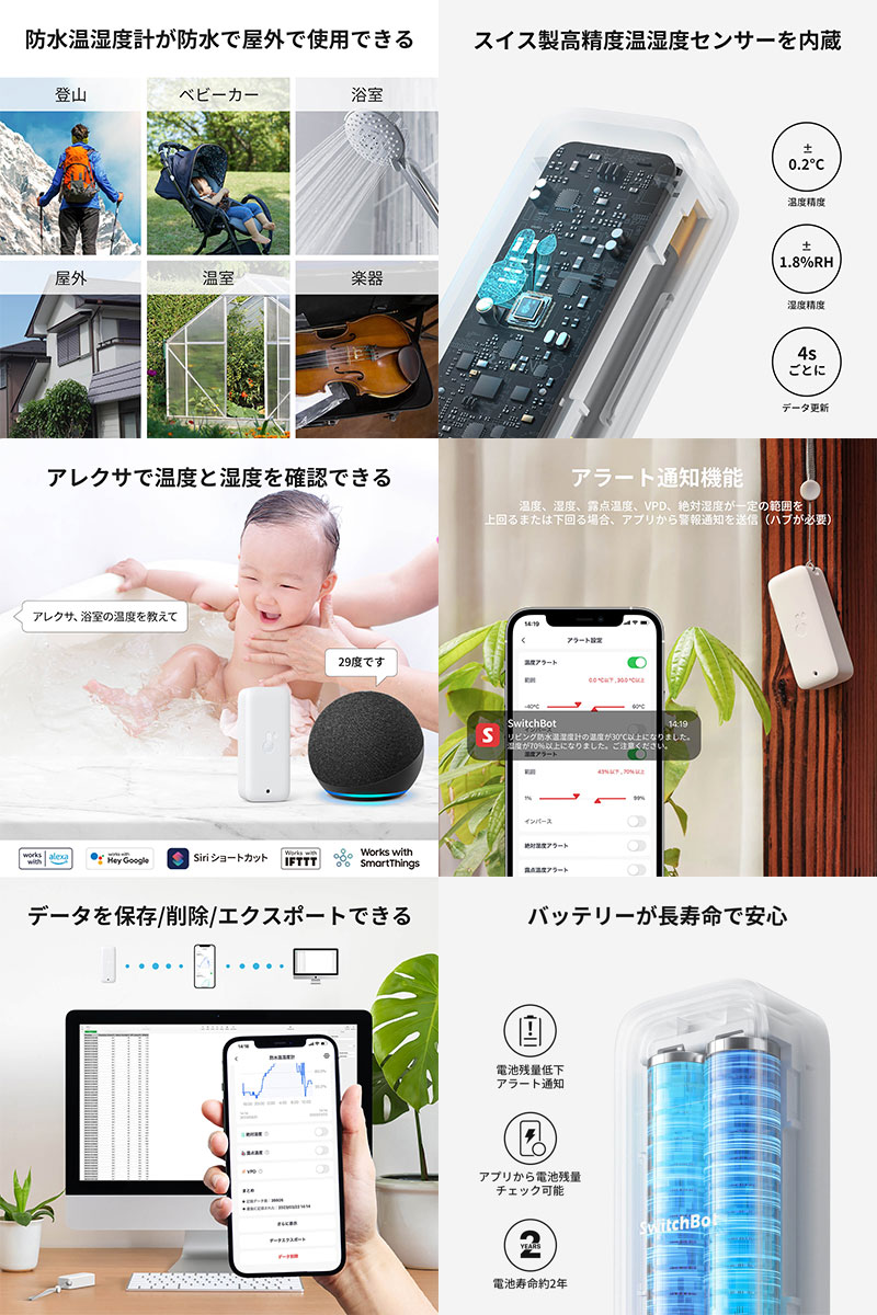 ［暑さ対策フェア］［楽天ランキング1位獲得］［セットでお得］ SwitchBot 防水温湿度計とハブ2 セット スイッチボット 遠隔操作 エアコン 照明 タイマー 屋外 お風呂 キッチン 高精度センサー データ保存 アラート通知 b1 b9 kitcut-10135087 Apple専門店 キットカット サンプル画像3