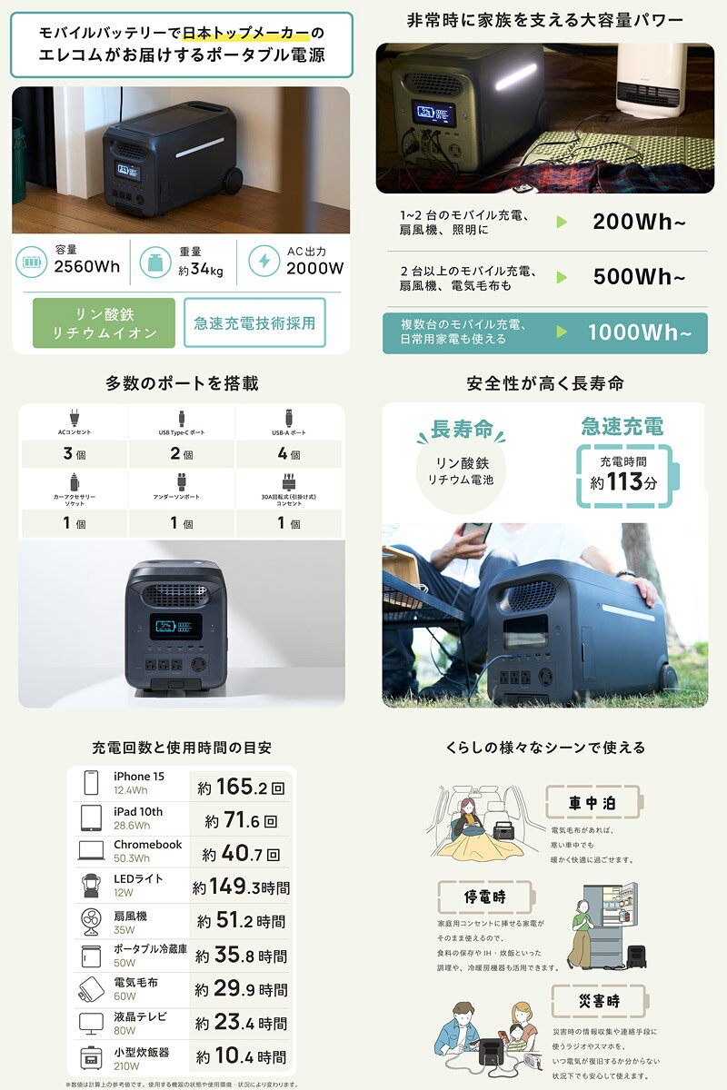 ELECOM エレコム ポータブル電源 2500P 2560Wh AC出力 2500W PD対応 タイヤ バーハ...