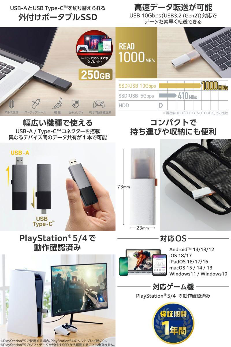 ELECOM エレコム 250GB 外付けSSD USB3.2(Gen2)対応 スライド式 Type-C & Type-A両対応 (外付けSSD) - Image 3