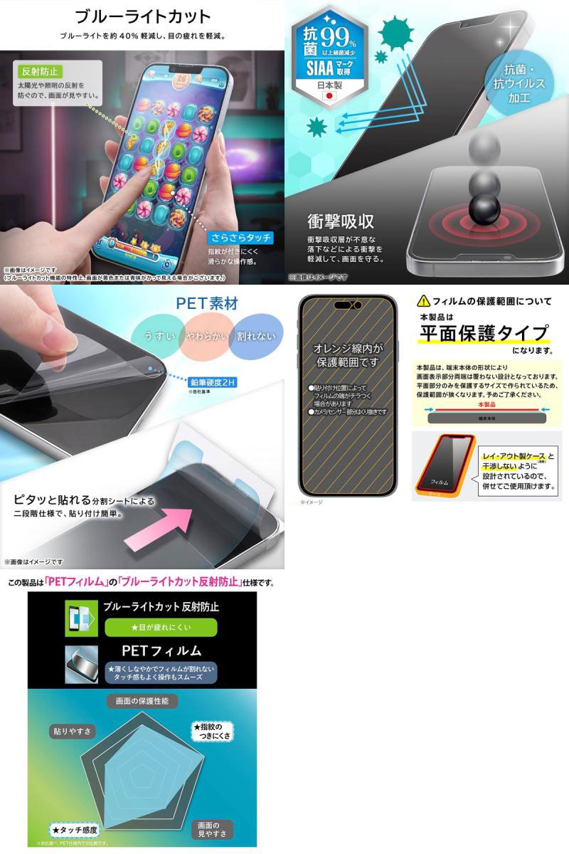 Ray Out iPhone 16 / 15 / 15 Pro Like standard PETフィルム ブルーライトカット 反射防止 衝撃吸収 抗菌・抗ウイルス 平面保護 指紋防止 レイアウト (スマホ用液晶保護フィルム)