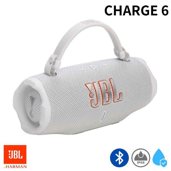 ●気になる商品■ JBL Chargeシリーズが、さらに進化。Charge 6はChargeシリーズとしての魅力はそのままに、さらに高いハードルを設定し、最先端の技術を加えることで、圧倒的な迫力のサウンドを達成しました。 これまでにないサウンドに加え、優れた接続性、頑丈な筐体、最大24＋4時間再生。Charge 6は、まさに怪物と呼べるポータブルオーディオです。■ JBLらしいデザインとポータビリティを維持しながらさらにパワーアップしたサウンドを搭載するために。Charge 6はサウンドエンジンを大幅にアップデートし、スマートなオーディオ処理アルゴリズムである最新のJBL AI Sound Boostを組み込みました。その結果、Charge 6はそのサイズをはるかに超えるパフォーマンスを発揮します。占有するスペースはわずかでありながら、豊かでパンチのあるプロサウンドで空間を満たします。■ Charge 6は、現存する最もタフなポータブルスピーカーの1つでもあります。防水・防塵性能のみならず、衝撃への耐性も強化し、どんな環境でもパワフルなサウンドをお届け。さらにこれまでのモデル同様、その名のとおりCharge 6には、音楽を聴きながらモバイルデバイスを充電するためのモバイル用バッテリー機能が搭載されています。■ JBL Charge 6のある最高な生活を想像してみて下さい!さらに2台、いや、4台あった方が楽しいかも? 大丈夫、新モデルはAuracastに対応することで他のJBLスピーカーと簡単に接続できるようになりました。最高の仲間たちと遠出して盛り上がるときも、パーティの余興で観客を盛り上げるときも、さらに広範囲で多数のオーディエンスにサウンドを届けることが可能です。■ JBL Charge 6は、さらに改善したポータビリティとともに、かつてないほど豊かなサウンド体験を届けます。[仕様情報]Bluetooth : ver.5.4Bluetooth対応コーデック : SBC, AAC, LC3対応プロファイル : A2DP 1.4, AVRCP 1.6周波数特性 : 56Hz - 20k Hz定格出力 : 30 W RMS(ウーファー)＋10 W RMS (ツイーター)バッテリーバッテリータイプ : リチウムイオンポリマー 7.2 V/4,722 mAhバッテリー重量 : 156gバッテリー数 : 1リチウムイオンバッテリーのセル数 : 2リチウム電池の電力量(ワット時) : 34Whリチウム含有量 : 16mg最大再生時間 : 24時間 (音源・音量により異なります)充電時間 : 3時間 (12～20V/3A)付属品 : JBL Charge 6 x 1　　　　ストラップ x 1　　　　クイック・スタート・ガイド x 1　　　　保証カード/安全シート x 1※ 充電用USBケーブルは同梱されません。[保証期間]1年[メーカー]ジェービーエル JBL型番JANJBLCHARGE6WHT4968929223640[対応S] bluetooth ブルートゥース ブルーツース ワイヤレス コードレス 無線[対応S] 生活防水 防滴 防沫 耐水 せいかつぼうすい ぼうてき ぼうまつ たいすい[性能] Bluetooth[性能] ボリュームコントロール[性能] モバイル[性能] ワイヤレス[性能] 完全防水[性能] 有線[性能] 防塵[性能] 防水[色] ホワイト[規格] USB Type-C[シリーズ]s_493395986JBL CHARGE 6 スプラッシュ/ダストプルーフ (IP68) 対応 Bluetooth 5.4 スピーカー White # JBLCHARGE6WHT ジェービーエル