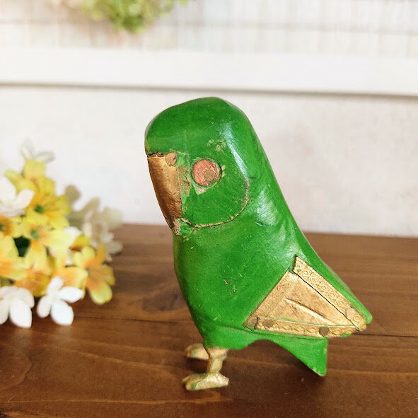 フクロウ小 カーキ 置物 オブジェ インテリア フクロウ 梟 かわいい 幸福 縁起物 アニマルオブジェ アニマル雑貨 木製 真鍮 PRAH-337C