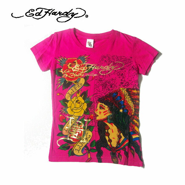 【★ポイント5倍★20%OFFクーポン★5月9日20：00～5月16日01：59迄】エドハーディー Tシャツ キッズ ED HARDY インディアン ラインストーン ピンク 子供服 ジュニア EdHardy エド・ハーディー