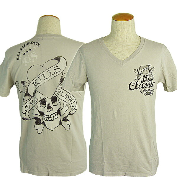 【★ポイント5倍★20 OFFクーポン★5月9日20：00～5月16日01：59迄】エドハーディー Tシャツ メンズ Ed Hardy LOVE KILLS SLOWLY ラブキル スカル ライトグレー A1ASJTLK ダメージ加工 エド ハーディー EDHARDY tee