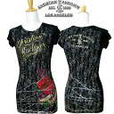 クリスチャンオードジェー Tシャツ レディース Christian Audigier ラインストーン ハート ローズ ブラック