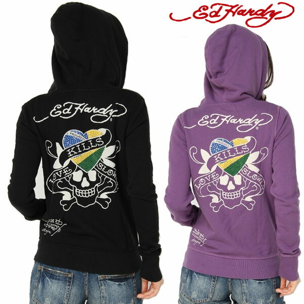 【★ポイント5倍＆20%OFFクーポン★5月27日12:00～5月31日23:59迄】エドハーディー パーカー レディース ED HARDY ラブキル スカル ブラジル ラインストーン W02WTB052 エド・ハーディー edhardy タトゥー