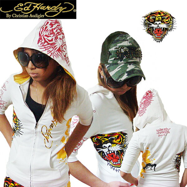 【★ポイント5倍＆20%OFFクーポン★5月27日12:00～5月31日23:59迄】ED HARDY レディース パーカー 5分袖 エドハーディー tiger タイガー 虎 8006-LW エド・ハーディー edhardy タトゥー