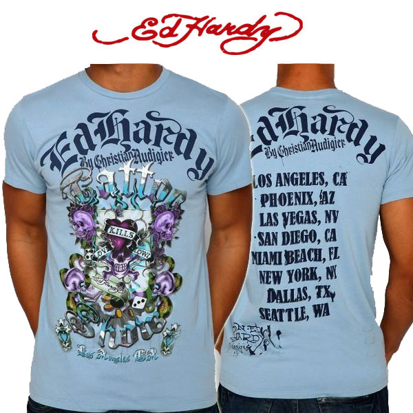 【送料無料】 エドハーディー Ed Hardy メンズ Tシャツライトブルー S M