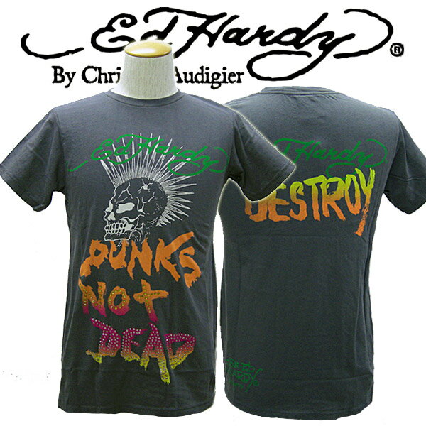 エドハーディー Tシャツ メンズ Ed Hardy スカル PUNK DEAD ラインストーン グレー エド・ハーディー edhardy タトゥー S821141R