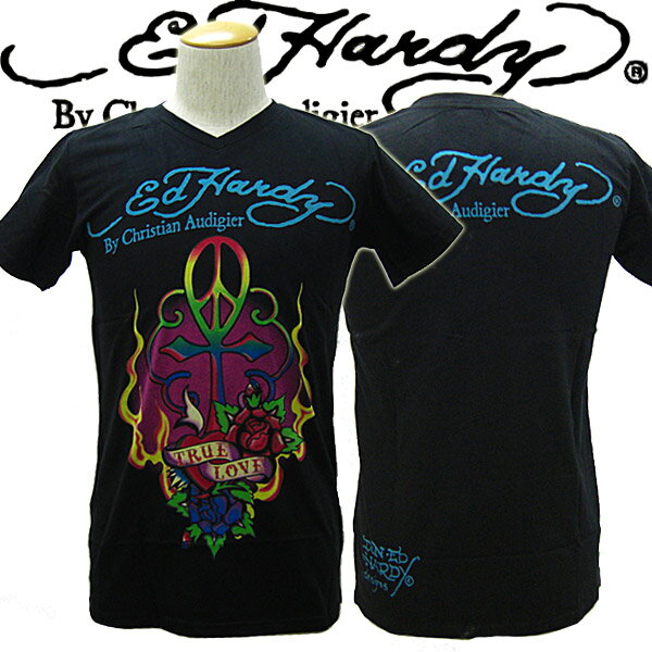 エドハーディーTシャツ メンズ Ed Hardy ピース クロス ローズ TRUE LOVE ブラック A8CSBQZJ エド・ハーディー edhardy タトゥー Vネック