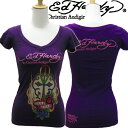 エドハーディー tシャツ Ed Hardy レディース Vネック パープル XS S M Tシャツ