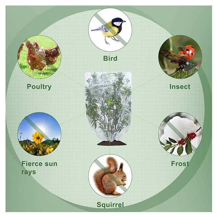 2枚入り！メッシュ式に作成されており、通気性や耐久性に優れています。耐熱、耐寒、低熱吸収性があって、低直射日光強度という優れた特性を備えて、繰り返し使うことができてます。PE素材で作らて、環境に優しい、通気性に優れた、耐久性があります、繰り返し使うことができます。長期間使用しても損傷しない。果樹栽培には必須！鳥、ウサギ、その他の虫による噛み付きから植物を保護します。恐ろしい天気から大切な花木を守ります。透気生地は植物が窒息しているか、あるいは光合成を妨げることはありません。 花、野菜、観葉植物や鉢植えなどの植物に覆い。ファスナー付きタイプなので、樹木に被せてファスナーを締めるだけの簡単取付け。広い開口部により、花や木に直接覆って、プラントの高さや大きさに合わせて自由に保護カバーを調整することができます。
