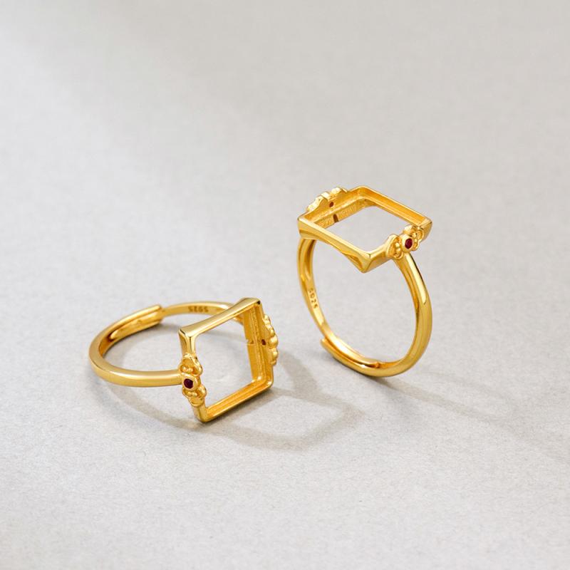 指輪 レディース S925純銀 金メッキ スクエア フルメタルベゼル 空枠 未加工 フリーサイズ 繊細 おしゃれ ライトラグジュアリー クラシック ゴールドカラー オフィス ファッション 通勤