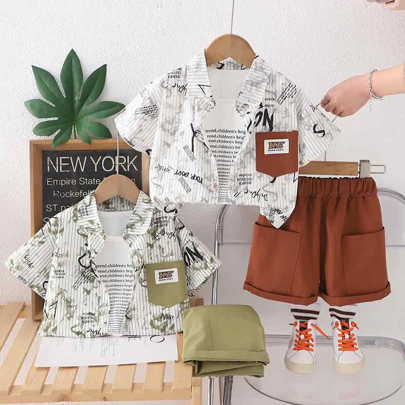 セットアップ キッズ 男の子 韓国風 半袖 英語 シャツ トップス ポケット ショートパンツ 短パン 3点セ..