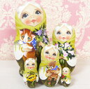 ロシア コブロフ工房のフラワーマトリョーシカ 12cm/5人 猫とカンパニュラ