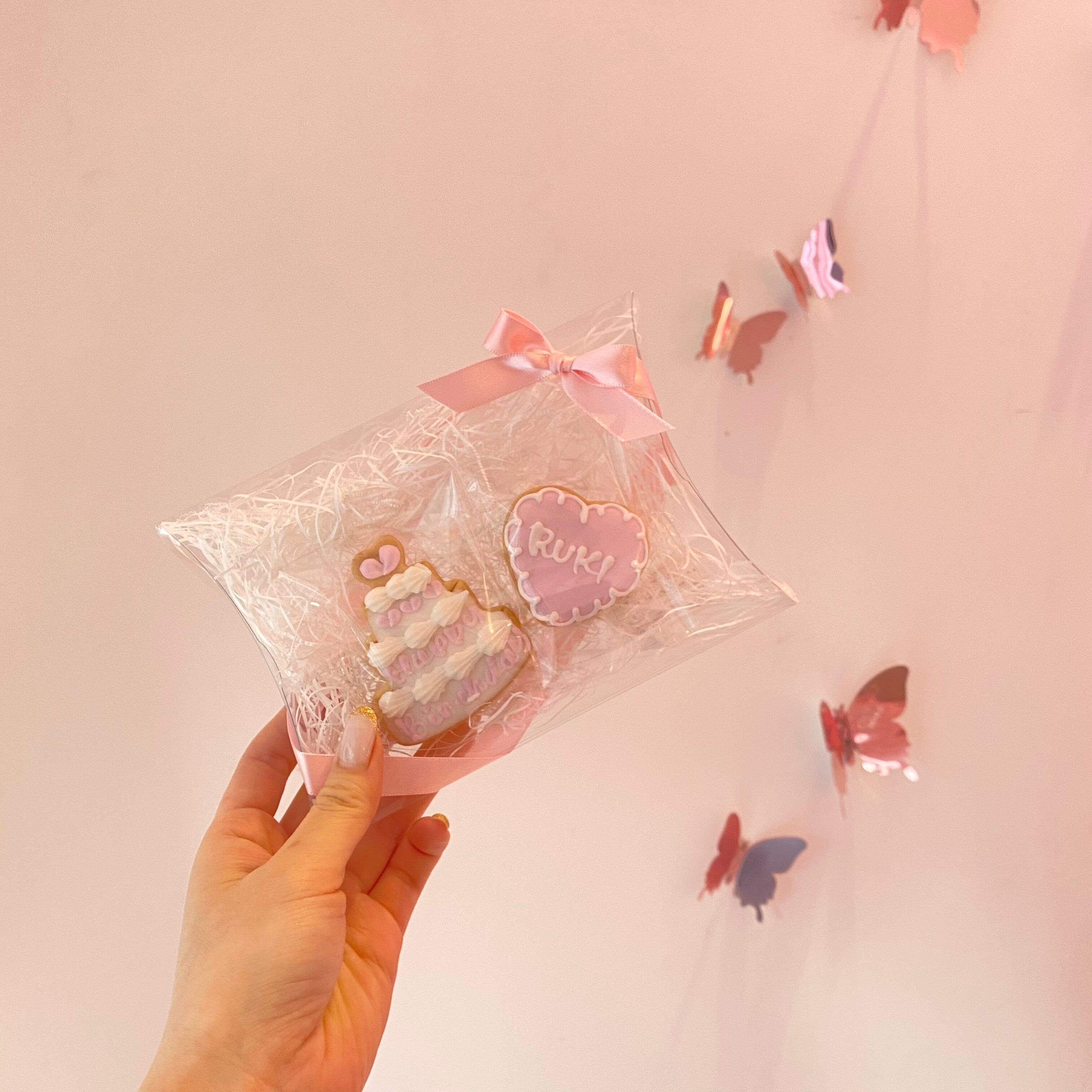 ラッピング付き ケーキ ハート 2枚セット アイシングクッキー 誕生日 オーダー 名前入れ オーダーメイド 記念日 可愛い 手土産 お歳暮 結婚式 花嫁 ばらま...