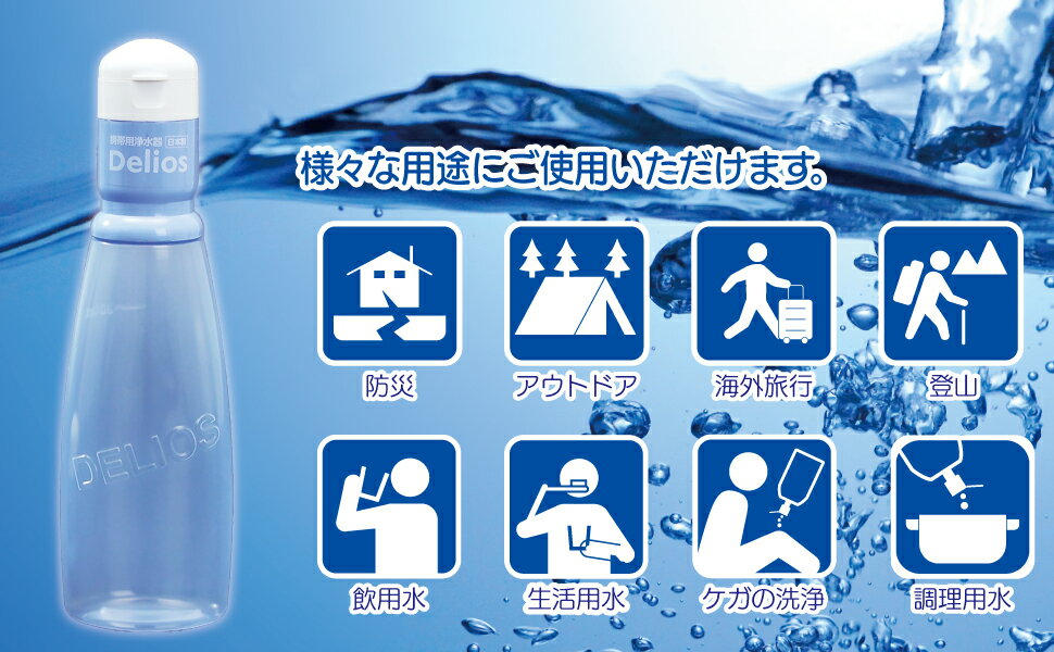 新発売【携帯浄水器 デリオス＆ミニボトル300ml】日本製 防災グッズ 災害 災害用 備蓄 水確保 飲料水 雨水 濾過 濾過器 アウトドア 登山 サバイバル キャンプ 海外旅行 電源不要 ペットボトル Delios&MiniBottle 3