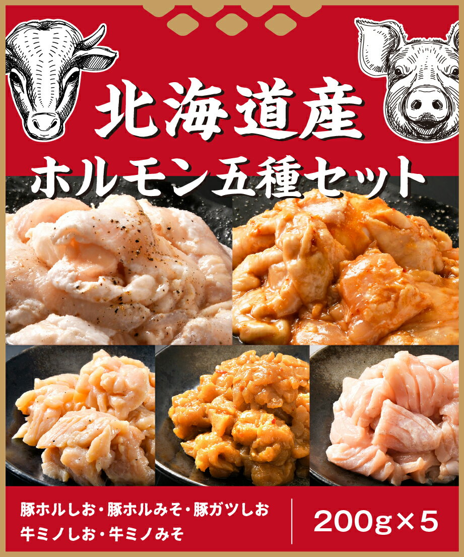 【送料無料！】北海道産 ホルモン五種セット 200g × 5パック 詰め合わせ セット 国産 豚ホルモン 味噌ホルモン 塩ホルモン 豚ガツ 牛ホルモン 牛ミノ 味噌 塩 お取り寄せ ホルモン焼き お取り寄せグルメ 美味しい おいしい ギフト 贈り物 送料無料