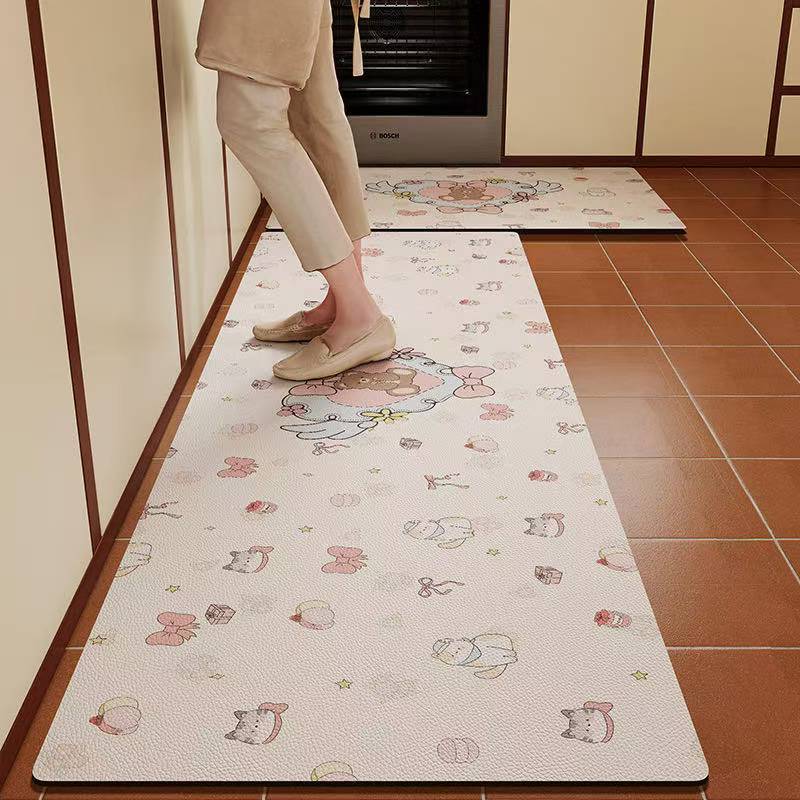 Rakuten - キッチンマット 台所マット PUマット はっ水加工 サッと拭ける 北欧 おしゃれ モダン リーフ柄 ロング 防水 防汚 滑り止め お手入れ簡単 クッション性 低反発