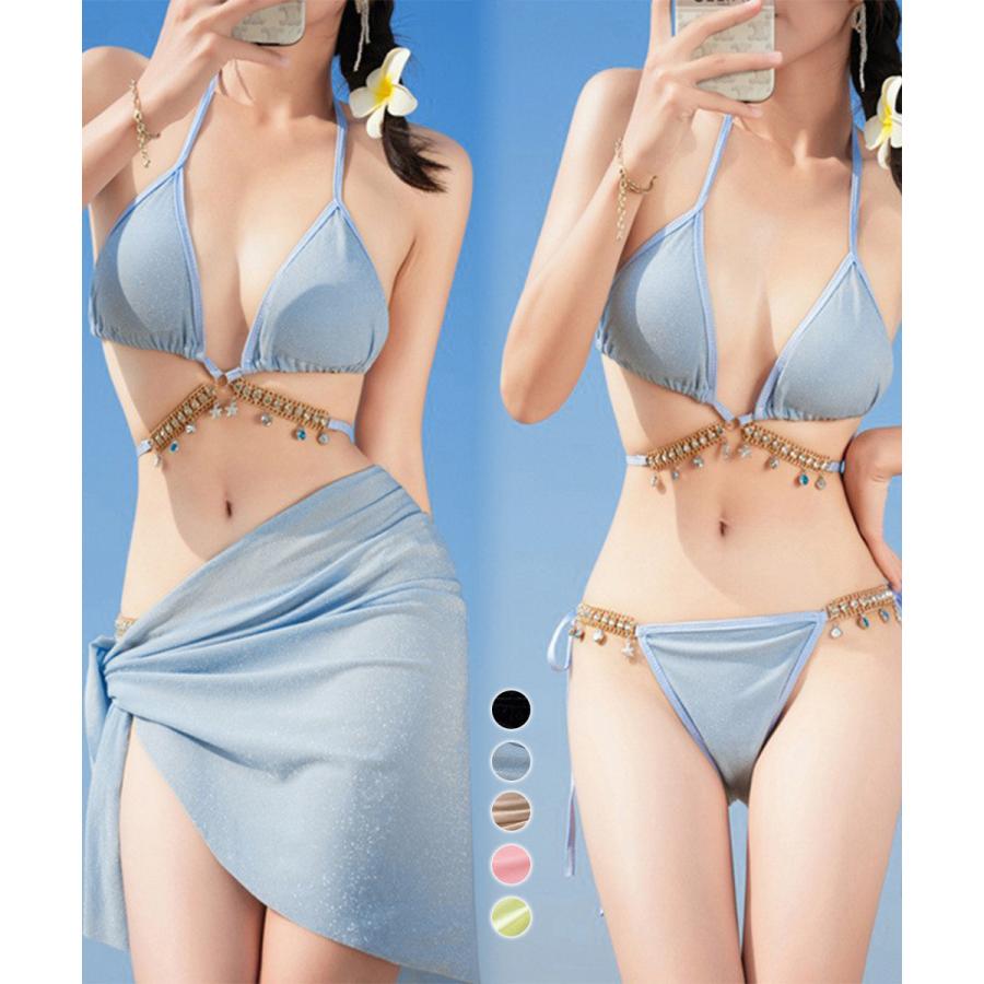 Rakuten - セクシー ビキニ3点セット レディース パレオ付き ビーチウェア ホルターネック ビジュー付き おしゃれ 大人可愛い