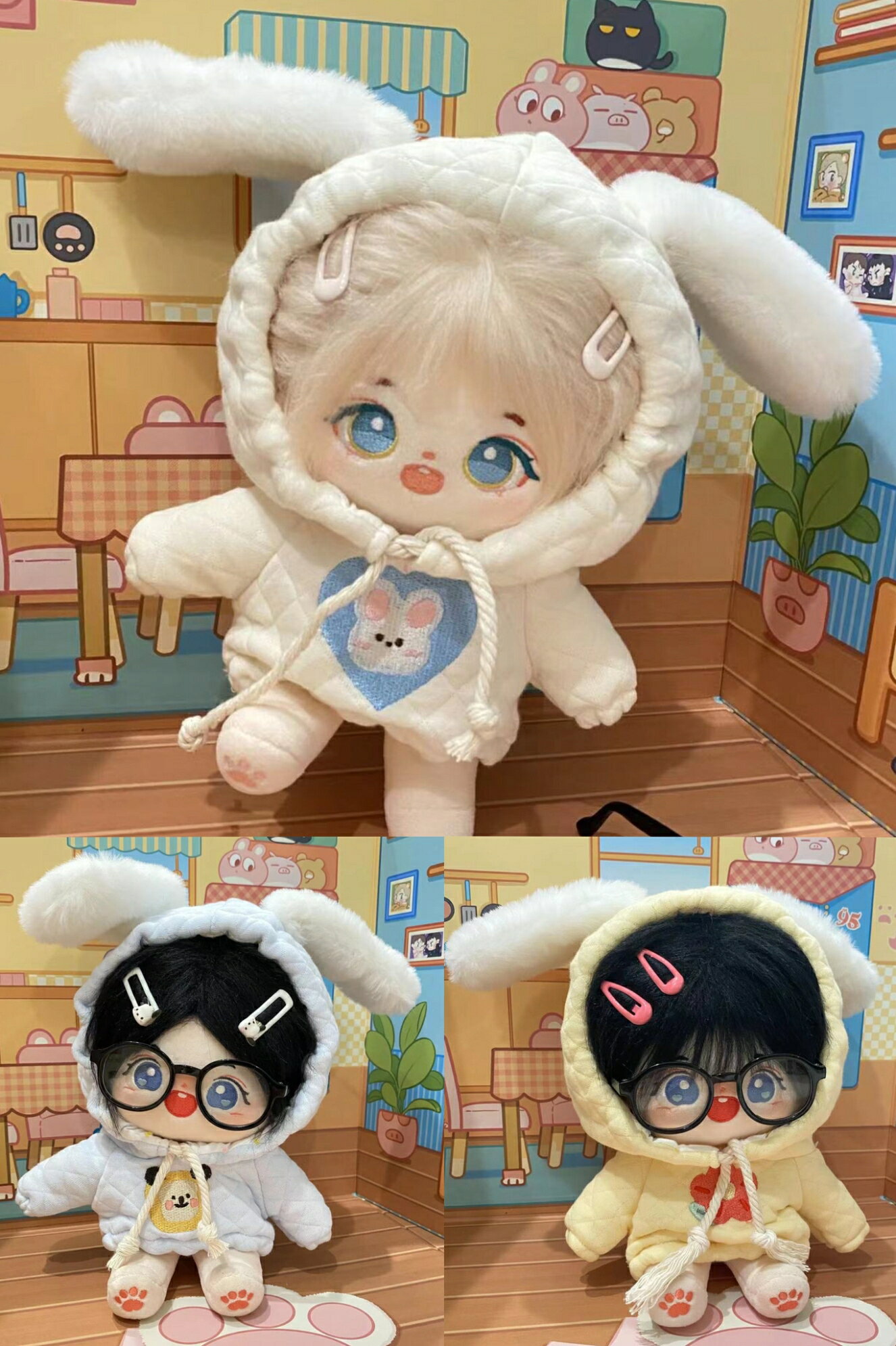 【ぬいぐるみ服｜うさ耳パーカー 着ぐるみ】 大切なぬいぐるみのための、かわいくておしゃれなうさ耳付きパーカー型着ぐるみです。10cmから20cmまでの様々なサイズのぬいぐるみに合わせて選べる豊富なラインナップが特徴。ふわふわの質感と愛らしいデザインで、推し活やコレクションをより一層楽しく彩ります。 お部屋のインテリアとしても、外出時の相棒としても最適なアイテムです。 ● 商品の特長 ● 愛らしいうさ耳デザイン フード部分にあしらわれた立体的なうさぎの耳が、ぬいぐるみの表情をさらに引き立てます。シンプルながら存在感のあるデザインで、どんなキャラクターとも相性抜群です。 ● 豊富なサイズ展開 10cm、11cm、12cm、13cm、14cm、15cm、16cm、17cm、18cm、19cm、20cmと細かなサイズを用意。お手持ちのぬいぐるみにぴったり合うサイズをお選びいただけます。 ● 着脱簡単・快適な着用感 ぬいぐるみを傷つけにくいソフトな素材を使用。着脱がスムーズで、ぬいぐるみの形を崩さずに綺麗に着せることができます。 ● 素材・仕様 ・素材：ポリエステル他（柔らかく肌触りの良い生地） ・サイズ：10cm / 11cm / 12cm / 13cm / 14cm / 15cm / 16cm / 17cm / 18cm / 19cm / 20cm 用 ・重量：約10g〜30g（サイズにより異なります） ● こんなシーンにおすすめ ・推し活グッズとしてのコーディネート ・誕生日や記念日のプレゼント・ギフト ・お部屋飾りやコレクションのアクセント ・SNSでの写真撮影用小道具 毎日の生活をちょっぴり特別にする、心温まるぬいぐるみウェア。大切なお友達への贈り物や、自分へのご褒美としてぜひご検討ください。 ご注意： ・サイズは手作業のため多少の誤差が生じる場合があります。 ・モニターの設定により実物と色味が異なる場合があります。 ・本商品はぬいぐるみ用アウターのみとなります。ぬいぐるみ本体は付属しませんのでご注意ください。 ・発送前に点検しておりますが、シワ、ほつれ、目立たない汚れ、小さな傷など若干作りの甘い部分がある場合がございます。 ・不良品の返品・交換を申し込まれる場合はメールにて不良箇所の画像を頂けますとスムーズな対応が可能です。 ・商品到着後、7日以上経過した商品はいかなる理由においても返品、交換の対応は致しかねます。