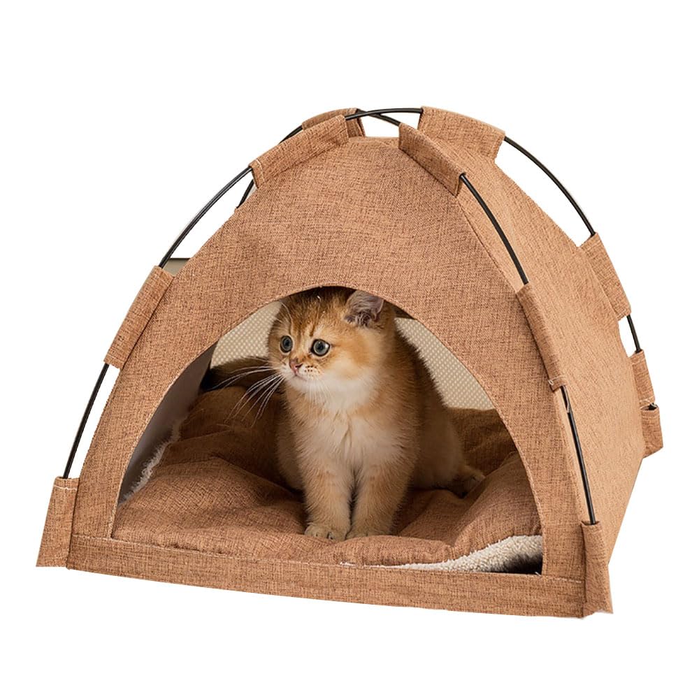 【ペットテント｜一年中快適なドーム型寝床】 このペットテントは、愛犬や愛猫が安心して眠れる半閉鎖型のドームハウスです。 夏はメッシュ素材で通気性を確保し涼しく、冬は保温性のある生地で暖かさを保つため、春夏秋冬オールシーズン活躍します。 付属のクッションマットも取り外して丸洗い可能なので、いつでも清潔な状態をキープできます。 ● 商品の特長 ● 一年中使える高機能デザイン 上部には通気性の良いメッシュ窓を採用し、蒸れを防ぎます。下部には保温性の高い生地を使用することで、季節を問わず最適な温度環境を提供します。 ● 安心感を与える半閉鎖型構造 狭く暗い場所を好むペットの習性に基づき、包み込むようなドーム形状にしました。外部からの視線や音の影響を受けにくく、ストレス軽減と睡眠の質向上が期待できます。 ● 簡単お手入れ・洗濯可能 本体カバーと内蔵マットはどちらも洗濯機で洗える素材を使用しています。抜け毛や汚れが気になったらすぐに洗浄でき、衛生面でも安心してお使いいただけます。 ● 素材・仕様 ・素材：ポリエステル（本体）、スポンジ/コットン（マット） ・サイズ：幅40cm × 高さ40cm × 奥行40cm ・カラー：キャメル ・対応動物：小型犬〜中型犬、猫全般 ● こんなシーンにおすすめ ・室内でのリラックススペースや寝室として ・旅行先やホテルでの持ち運び用ペットハウスとして ・新築祝い、ペットショップ開店祝いのギフトとして 愛するペットにとって「自分だけの秘密基地」のような存在になるこのテントで、毎日の暮らしをもっと豊かにしませんか？ かわいい見た目だけでなく機能性も兼ね備えた逸品です。 ご注意： ・サイズは手作業のため多少の誤差が生じる場合があります。 ・モニターの設定により実物と色味が異なる場合があります。 ・ペットの性格や体格により、使用しない場合もございますのでご了承ください。色: キャメル色: グレー色: ピンク