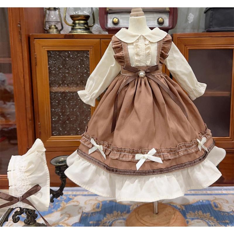 Rakuten - ドール衣装 クラシカルロリータ ワンピース エプロン風 ボンネット セット ブラウン コットン 1/4 1/6 1/3 対応 通勤 おしゃれ レトロ 高品質