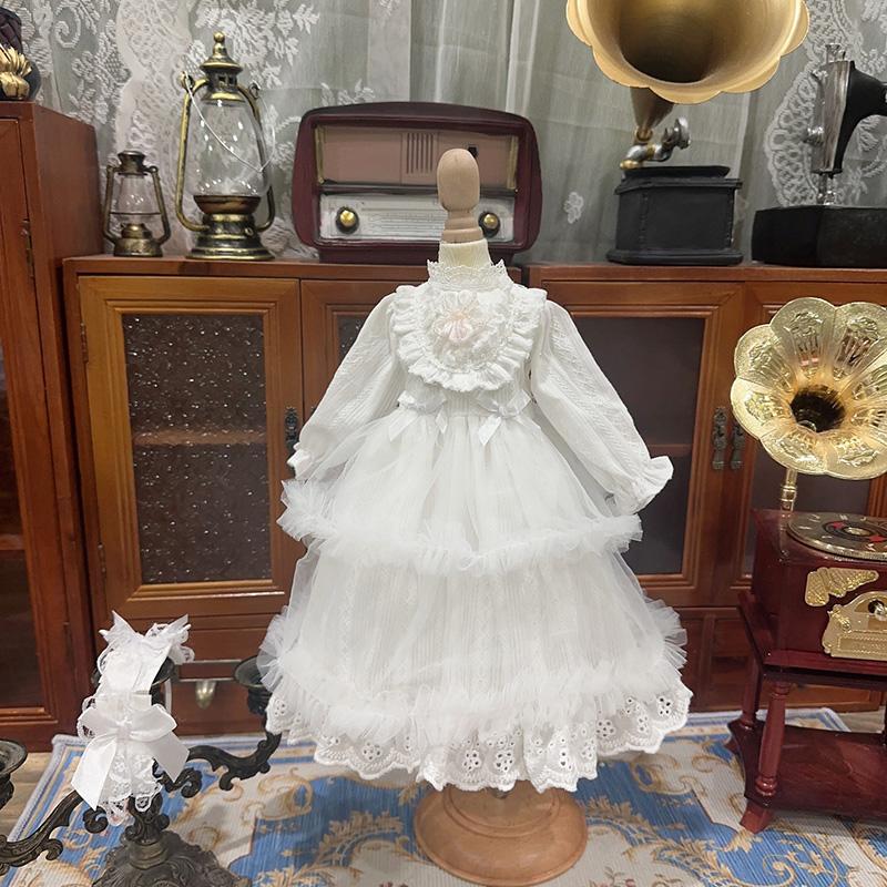 Rakuten - ロリータ ドール服 宮廷ドレスセット ホワイト 長袖ワンピース ヘッドドレス 豪華レース フリル 人形用衣装 1/4 1/6 1/3対応