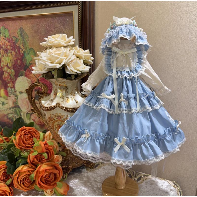 Rakuten - BJDドール用 ロリータドレス ウォーターレース ブルー×ホワイト ヘッドドレス付き 1/4 1/6 1/3 対応 ブライスドール 衣装
