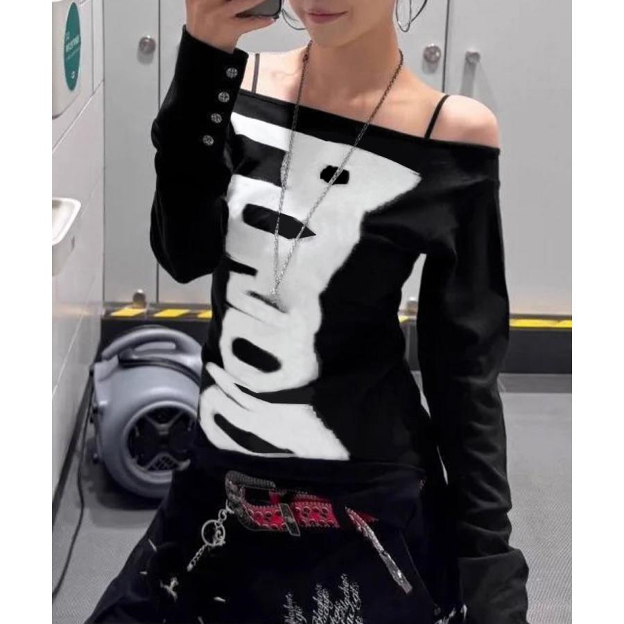 Other - レディースオフショルTシャツ アメリカンロゴ ブラックホワイト カジュアルストリートスタイル