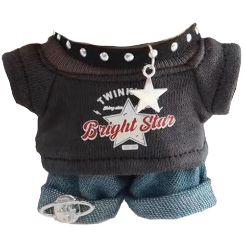 Rakuten - ぬいぐるみ用 グラフィックTシャツ&ジーパン&チョーカー 10cm ブラック セット 推し活 オタ活 アクセサリー コスチューム 人形 マスコット