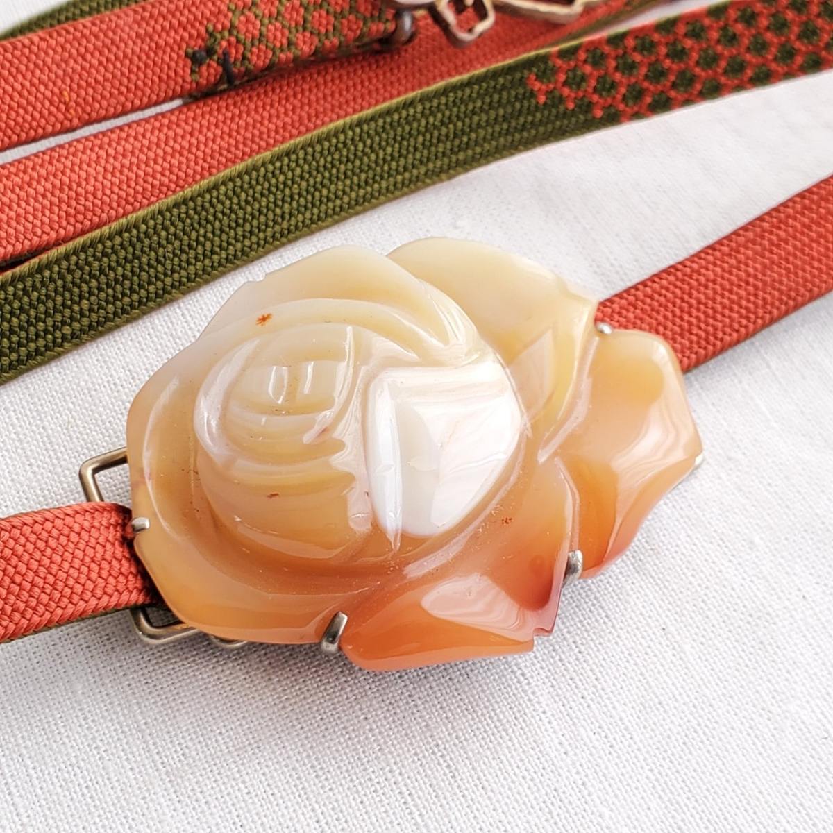 瑪瑙（メノウ）の帯留め・帯締めセット　／　帯留め　帯締め　お着物　アクセント　瑪瑙　メノウ　三分紐