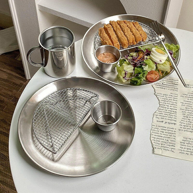 オシャレ プレート&とんかつ網 半月型アミ サラダ 揚げ物プレート 丸型 トレイ 皿 おしゃれ 高級 304ステンレス製 お盆 韓国 ins風 食器 ランチプレ...