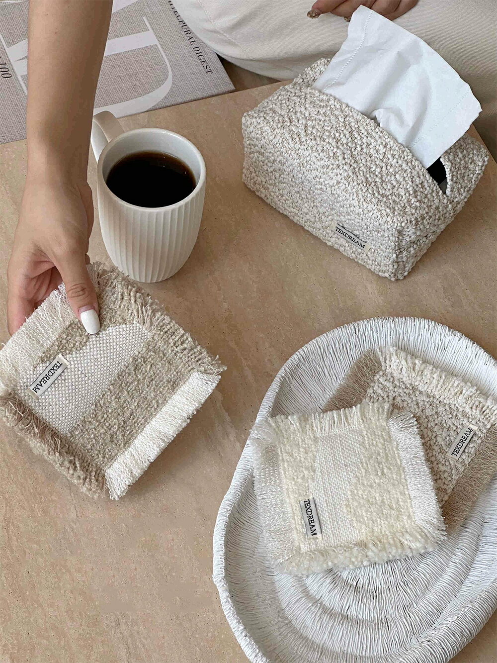 手作り 天然素材・麻×綿の糸 鍋敷き 12.5×12.5cm 正方形 鍋しき なべしき ハンドメイド トレイ おしゃれ 和風 北欧 釜敷き 鍋布き 鍋置き コッ...