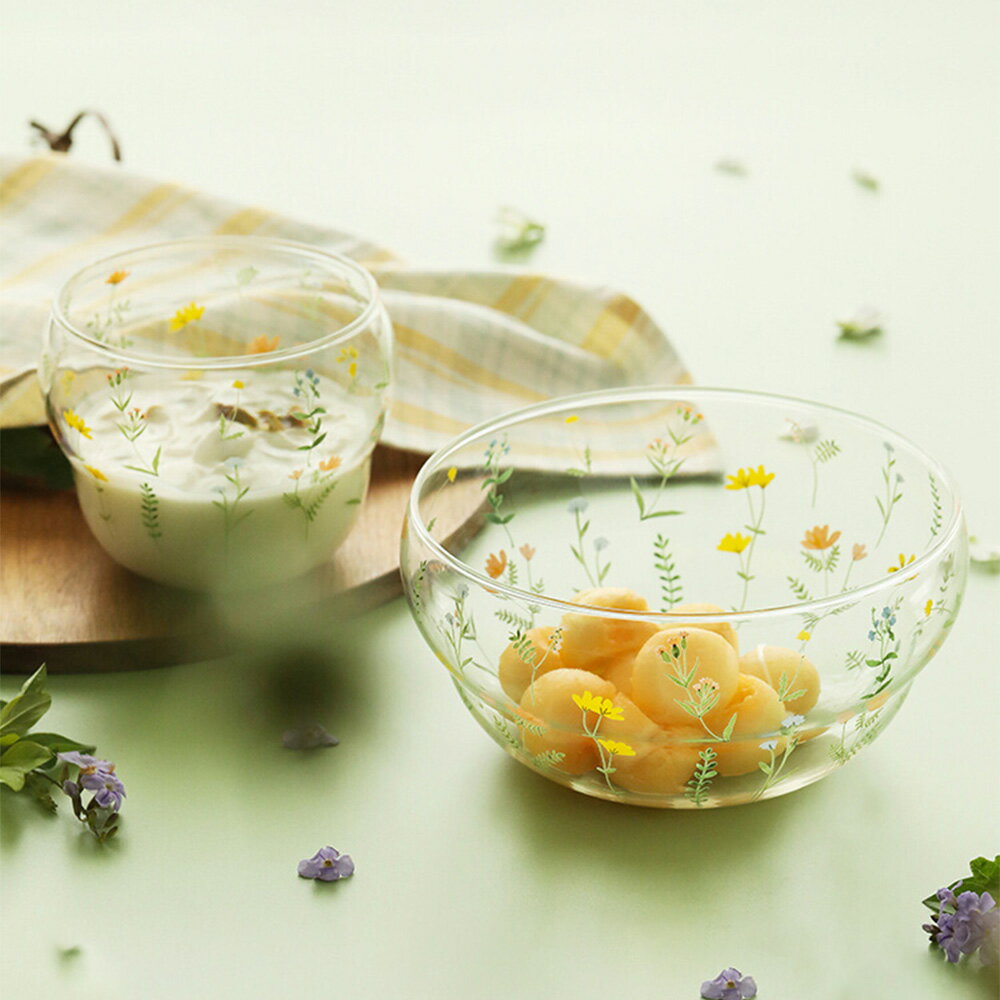 ぽっちゃりした ボウル 美しい花柄 耐熱ガラス 保存容器 かわいい 耐熱ボウル 混ぜやすい調理ボウル サ..