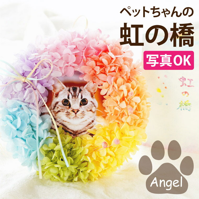 【あす楽＆日付指定可】 ペット お供え 花 犬 お悔やみ 贈り物 『 虹の橋 リース Angel 』 お供え花 おしゃれ メモリアル フォトフレーム 写真 写真立て ペット供養 仏花 プリザーブドフラワー 供養花 供花 お供え物 命日 一周忌 法事 法要 仏壇用 四十九日 仏壇 猫 花まりか