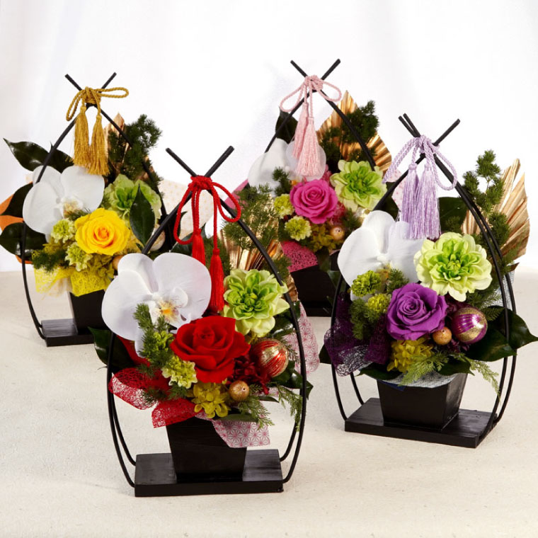 和風 花かご「寿」 プリザーブドフラワー（黄系）｜枯れずに続く黄色の花