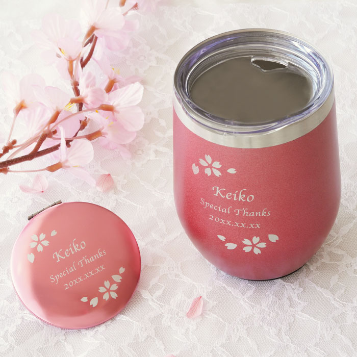 誕生日プレゼント 女友達 ギフト タンブラー 保温 保冷 蓋付き 名入れ 送料無料 【 八福フラワーフレームタンブラー ＆ コンパクト ミラーセット 】 敬老の日 誕生日 プレゼント 母 名前入り 手鏡 女性 50代 60代 母親 真空断熱 ステンレス 還暦 退職 祝い 名前 入れ 入り