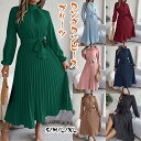 ワンピース レディース 長袖 シフォン オフィス ビジネス ウエストゴム Aライン プリーツ ドレス 体型カバー タイネック ロング 無地 着痩せ 可愛い エレ...