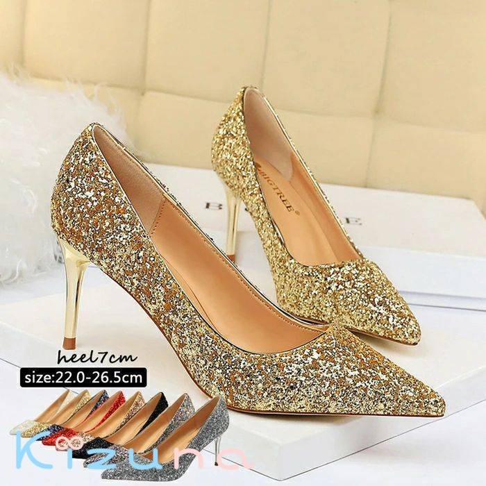 結婚式 パンプス 痛くない 入学式 パーティ フォーマル ラメ ポインテッドトゥパンプス ヒール7cm シュ..