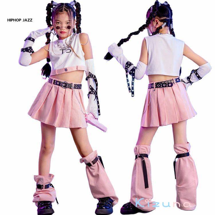 ピンク k-pop 衣装 キッズダンス衣装 セットアップ ヒップホップ へそ出し スカート 足カバー キッズ ..