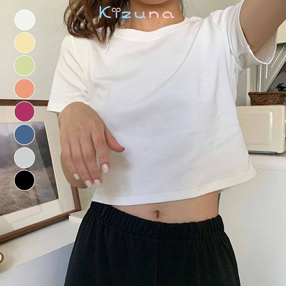 ショート丈tシャツ へそ出し 色 夏 ショートトップス レディース カラー 無地 ミニ丈 大人気 シンプル カジュアル クルーネック オルチャン 細見え A