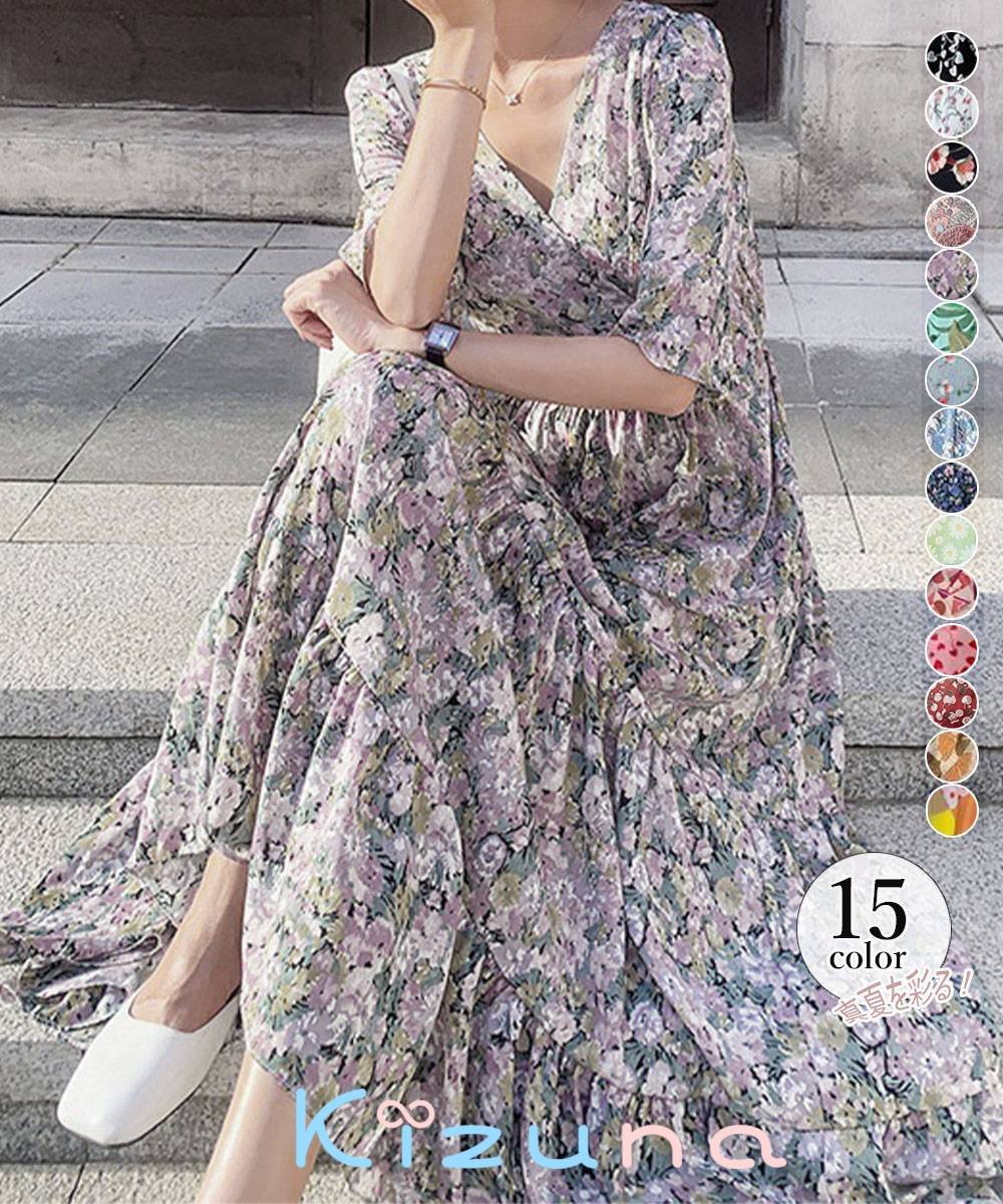 花柄ワンピース分袖ティアードワンピ...